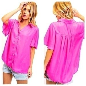 New Collared Short Sleeve Button Down Loose Fit Blouse NWOT